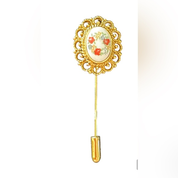 Vintage gold tone stick pin with flowers - Picture 1 of 6